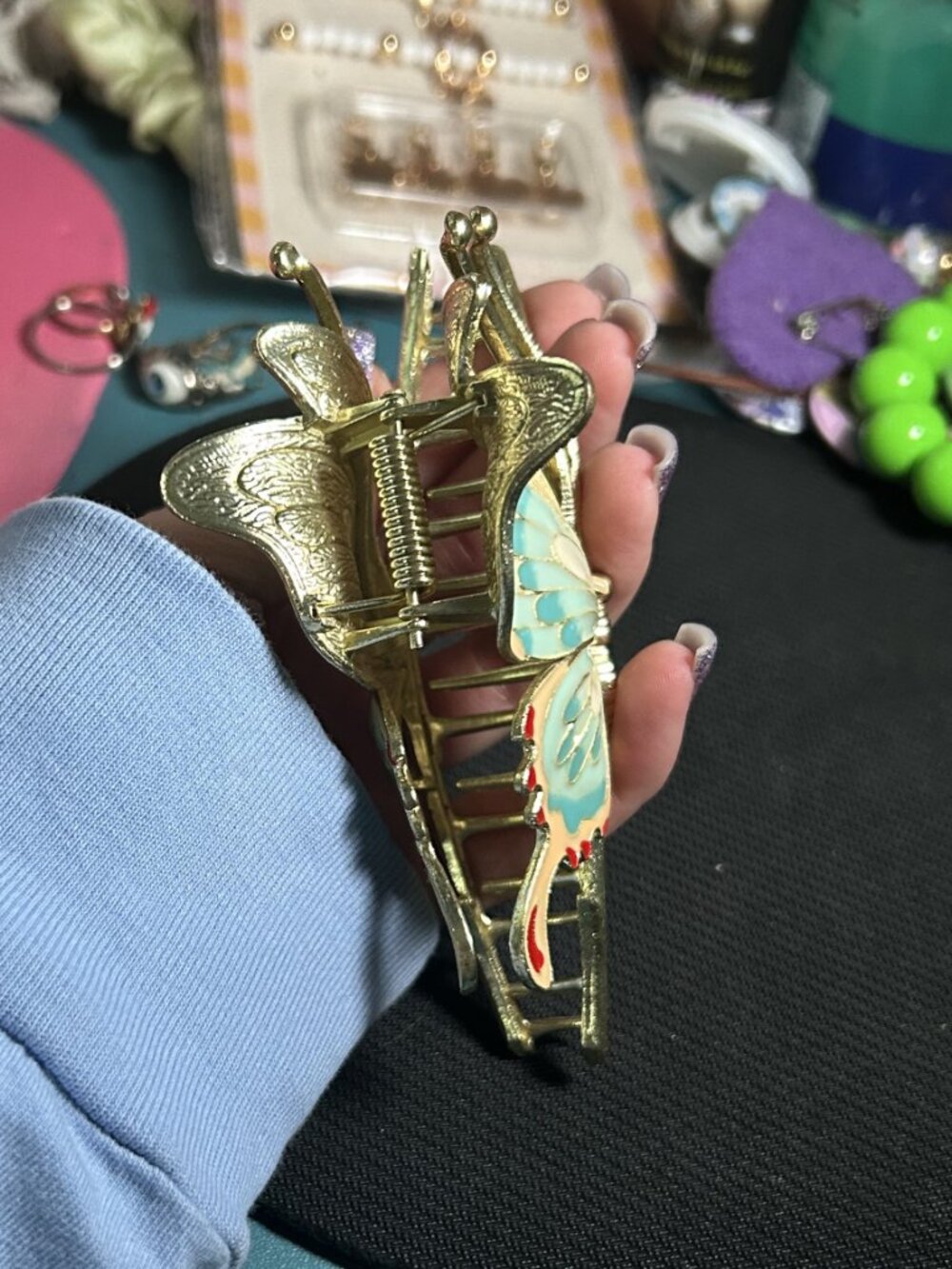 Gold Tone Enamel Butterfly on Branch Metal Hair Claw Clip - Picture 3 of 5